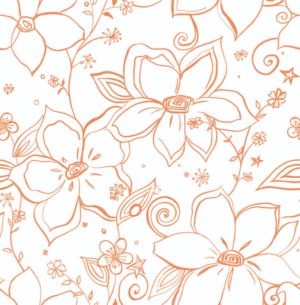 Malibu Ps Linework Floral Contemporary Floral - Orange | Peel and Stick Removable Wallcovering