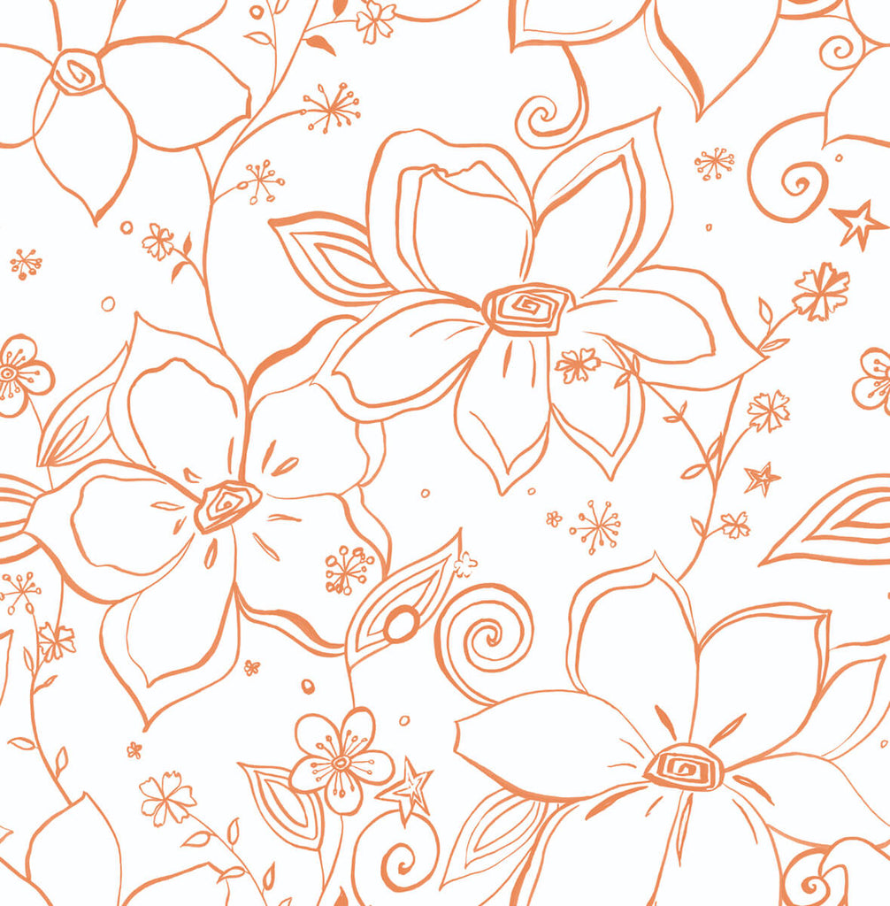 Malibu PS Linework Floral Contemporary Floral - Orange | Peel and Stick Removable Wallpaper