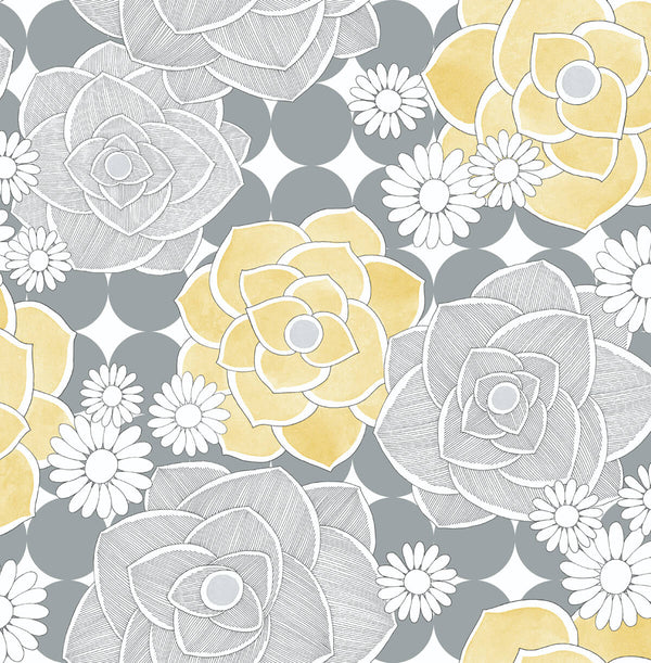 Malibu Ps Retro Floral Vintage Floral - Yellow & Gray | Peel and Stick Removable Wallcovering