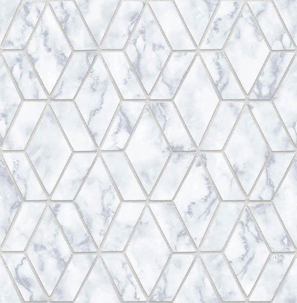 Malibu Ps Marble Tile Contemporary Geometric - Gray & Metallic Silver | Peel and Stick Removable Wallcovering