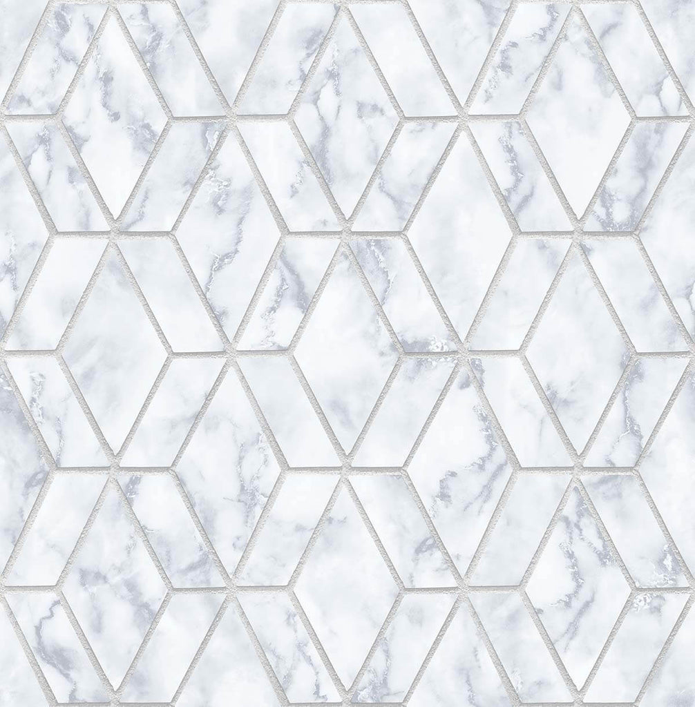 Malibu PS Marble Tile Contemporary Geometric - Gray & Metallic Silver | Peel and Stick Removable Wallpaper