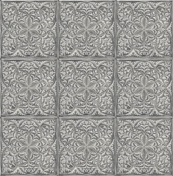Malibu Ps Faux Embossed Tile Industrial Tile - Metallic Silver & Charcoal | Peel and Stick Removable Wallcovering