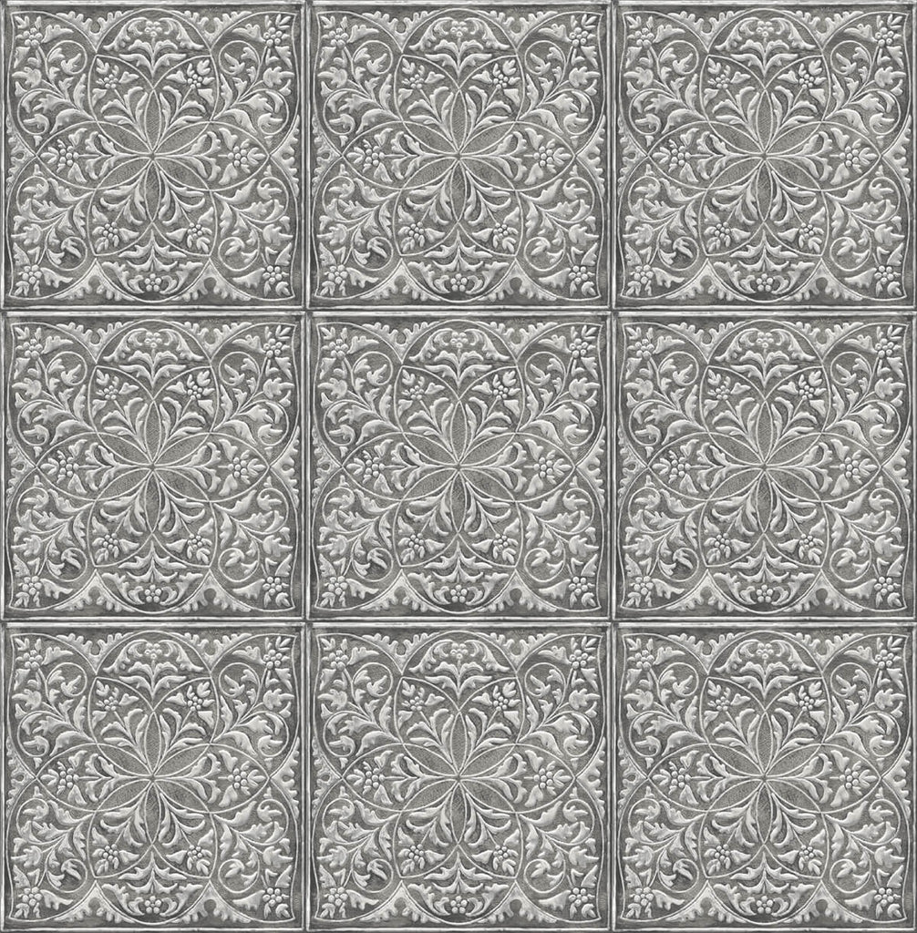 Malibu PS Faux Embossed Tile Industrial Tile - Metallic Silver & Charcoal | Peel and Stick Removable Wallpaper