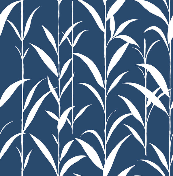 Malibu Ps Bamboo Leaves Contemporary Botanical - Navy Blue | Peel and Stick Removable Wallcovering