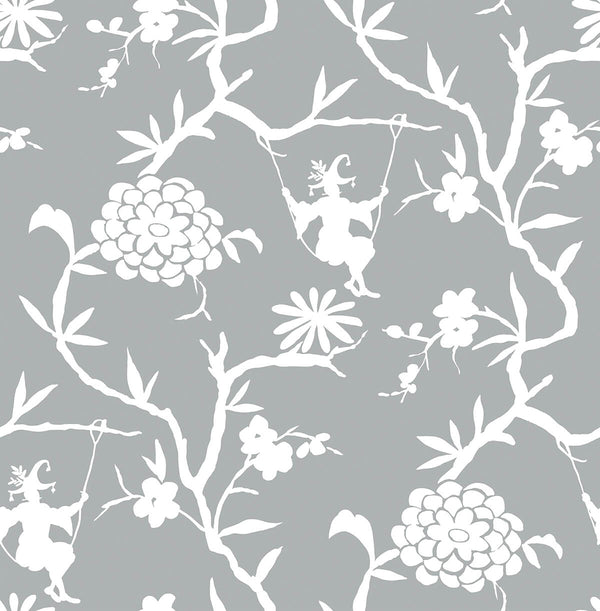 Malibu Ps Chinoiserie Silhouette Eclectic Chinoiserie - Metallic Silver | Peel and Stick Removable Wallcovering