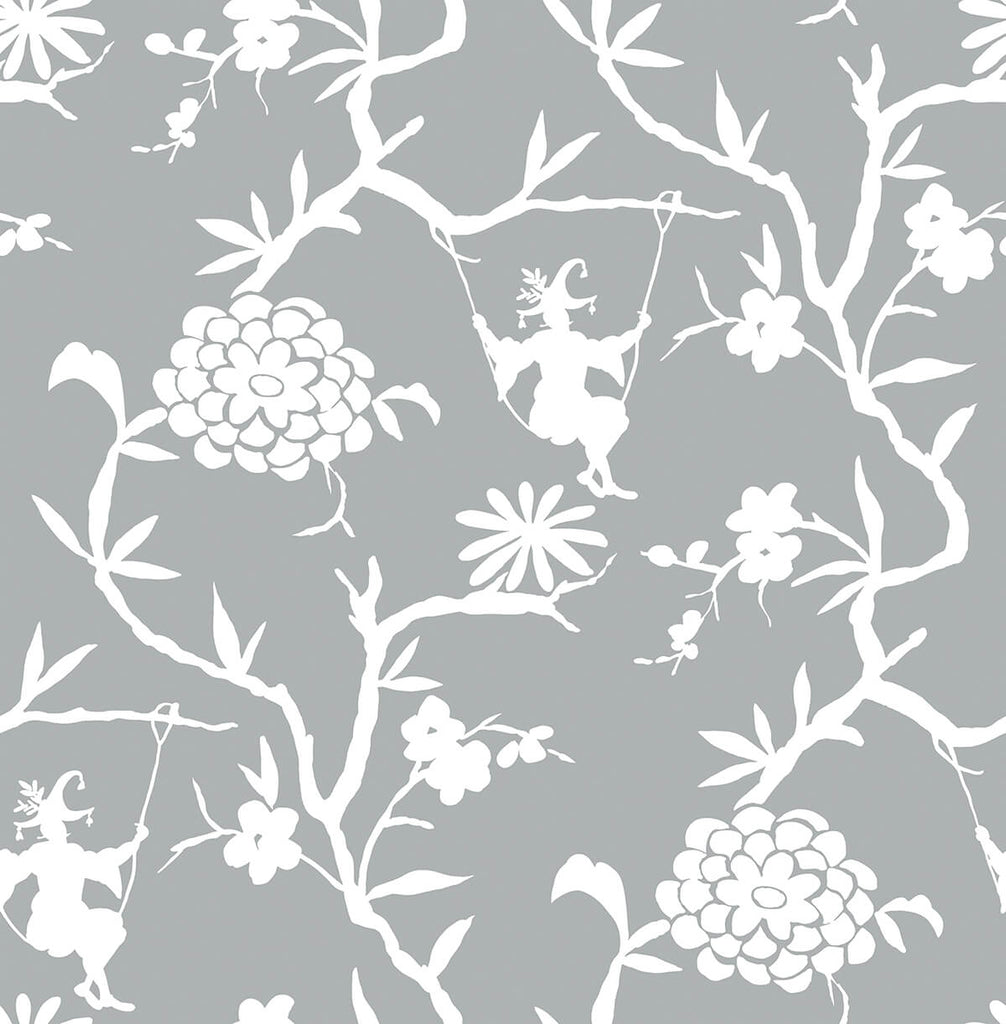 Malibu PS Chinoiserie Silhouette Eclectic Chinoiserie - Metallic Silver | Peel and Stick Removable Wallpaper