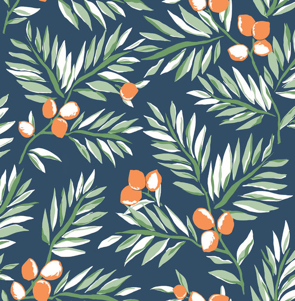 Malibu Ps Citrus Branch Contemporary Botanical - Navy, Sage, & Orange | Peel and Stick Removable Wallcovering