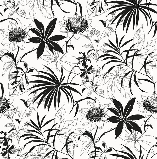 Malibu Ps Tropical Garden Bohemian Botanical - Black & White | Peel and Stick Removable Wallcovering