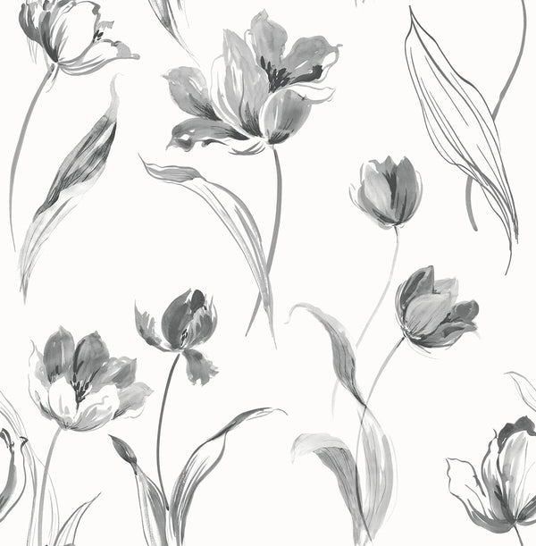 Malibu Ps Tulip Toss Contemporary Floral - Black and White | Peel and Stick Removable Wallcovering