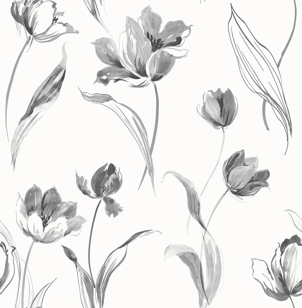 Malibu PS Tulip Toss Contemporary Floral - Black and White | Peel and Stick Removable Wallpaper