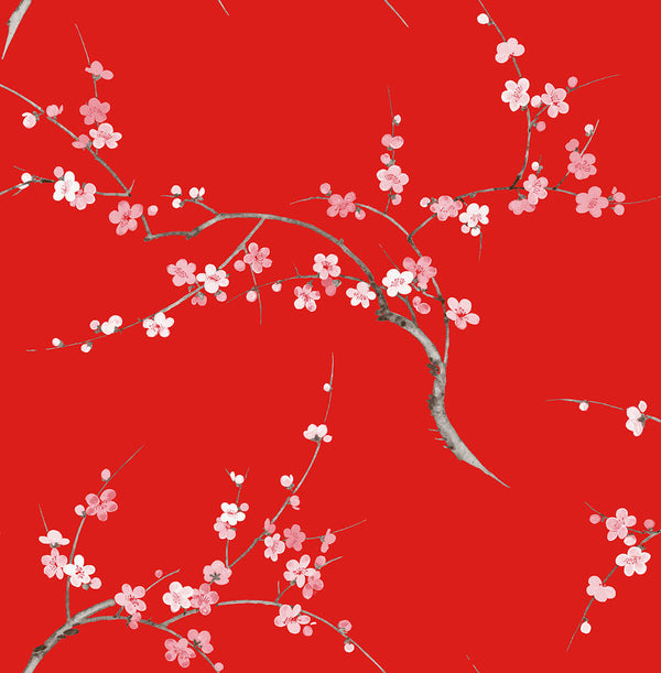 Malibu Ps Cherry Blossom Floral Eclectic Floral - Scarlet & Petal Pink | Peel and Stick Removable Wallcovering