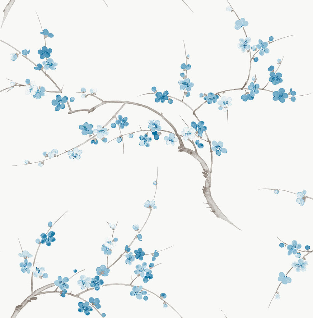 Malibu PS Cherry Blossom Floral Eclectic Floral - Pacific Blue & White | Peel and Stick Removable Wallpaper
