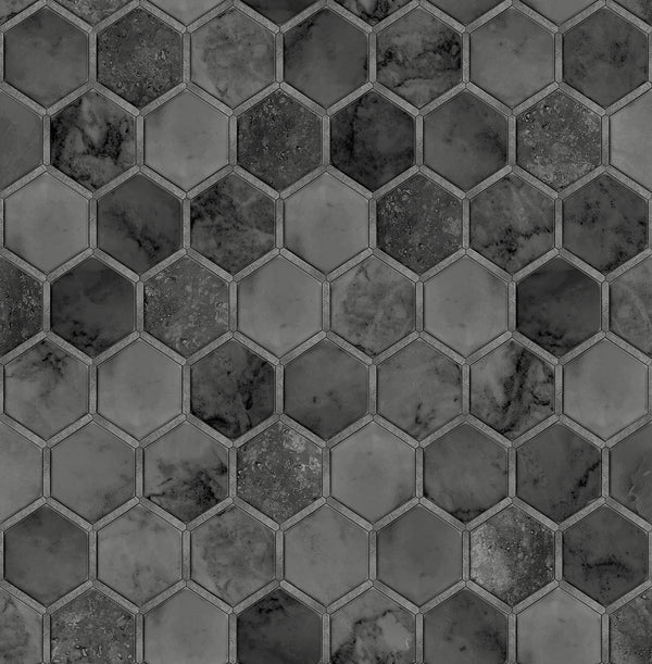 Malibu Ps Inlay Hexagon Contemporary Tile - Cosmic Black & Metallic Silver | Peel and Stick Removable Wallcovering