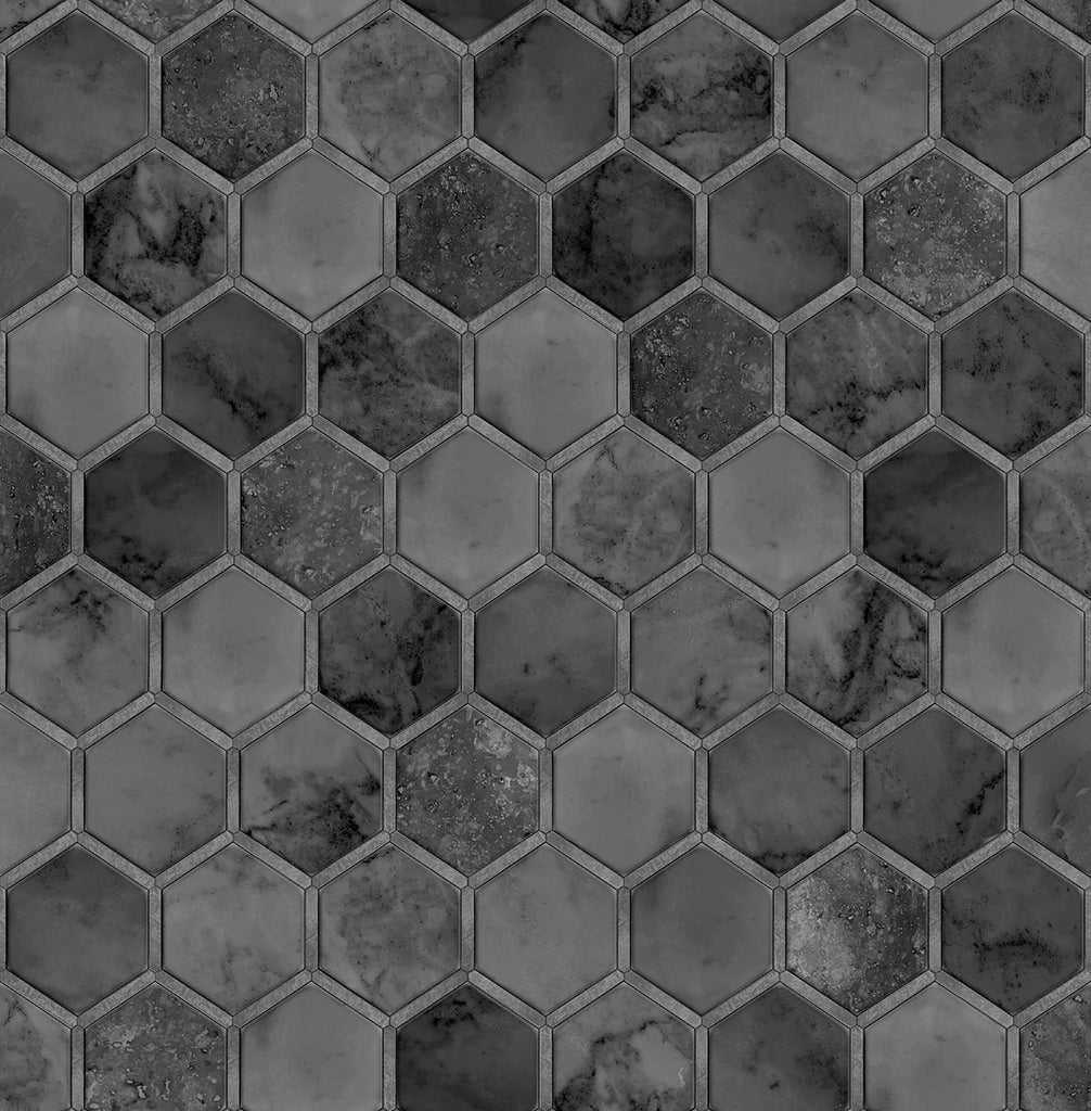 Malibu PS Inlay Hexagon Contemporary Tile - Cosmic Black & Metallic Silver | Peel and Stick Removable Wallpaper