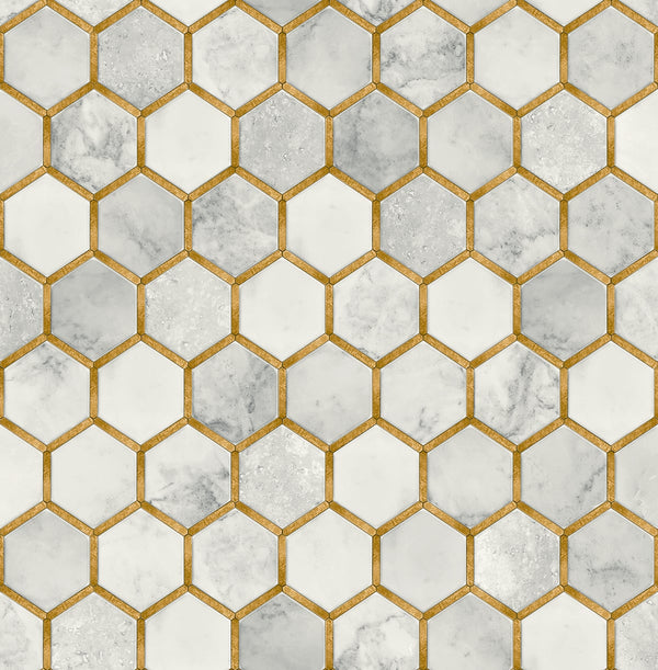 Malibu Ps Inlay Hexagon Contemporary Tile - Alaska Grey & Metallic Gold | Peel and Stick Removable Wallcovering