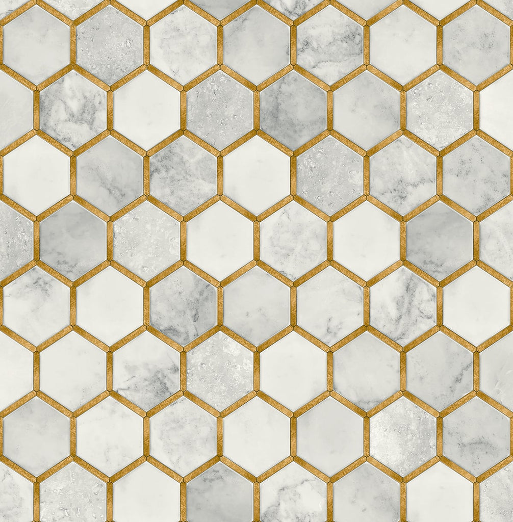 Malibu PS Inlay Hexagon Contemporary Tile - Alaska Grey & Metallic Gold | Peel and Stick Removable Wallpaper