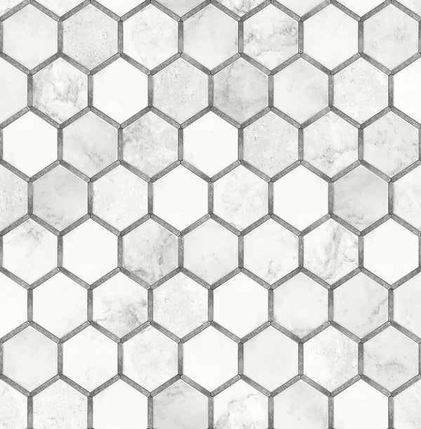 Malibu Ps Inlay Hexagon Contemporary Tile - Carrara & Metallic Silver | Peel and Stick Removable Wallcovering