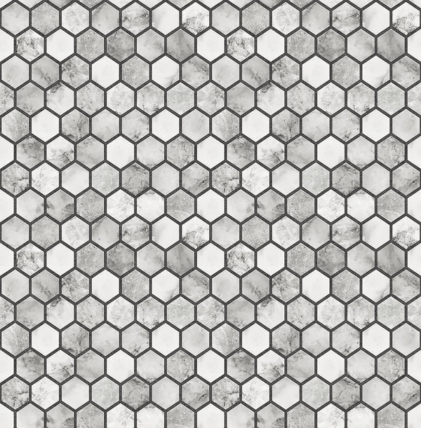 Malibu Ps Marble Hexagon Contemporary Tile - Carrara & Wrought Iron | Peel and Stick Removable Wallcovering