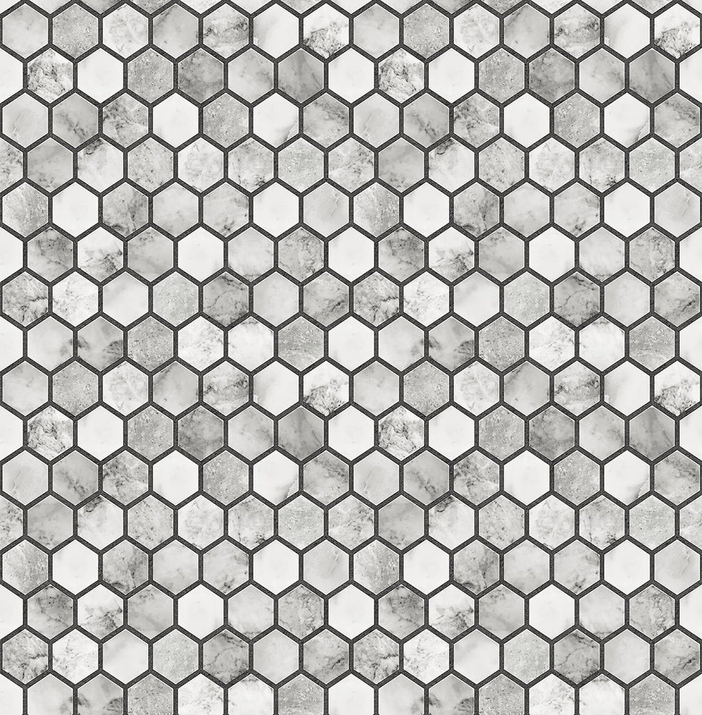 Malibu PS Marble Hexagon Contemporary Tile - Carrara & Wrought Iron | Peel and Stick Removable Wallpaper