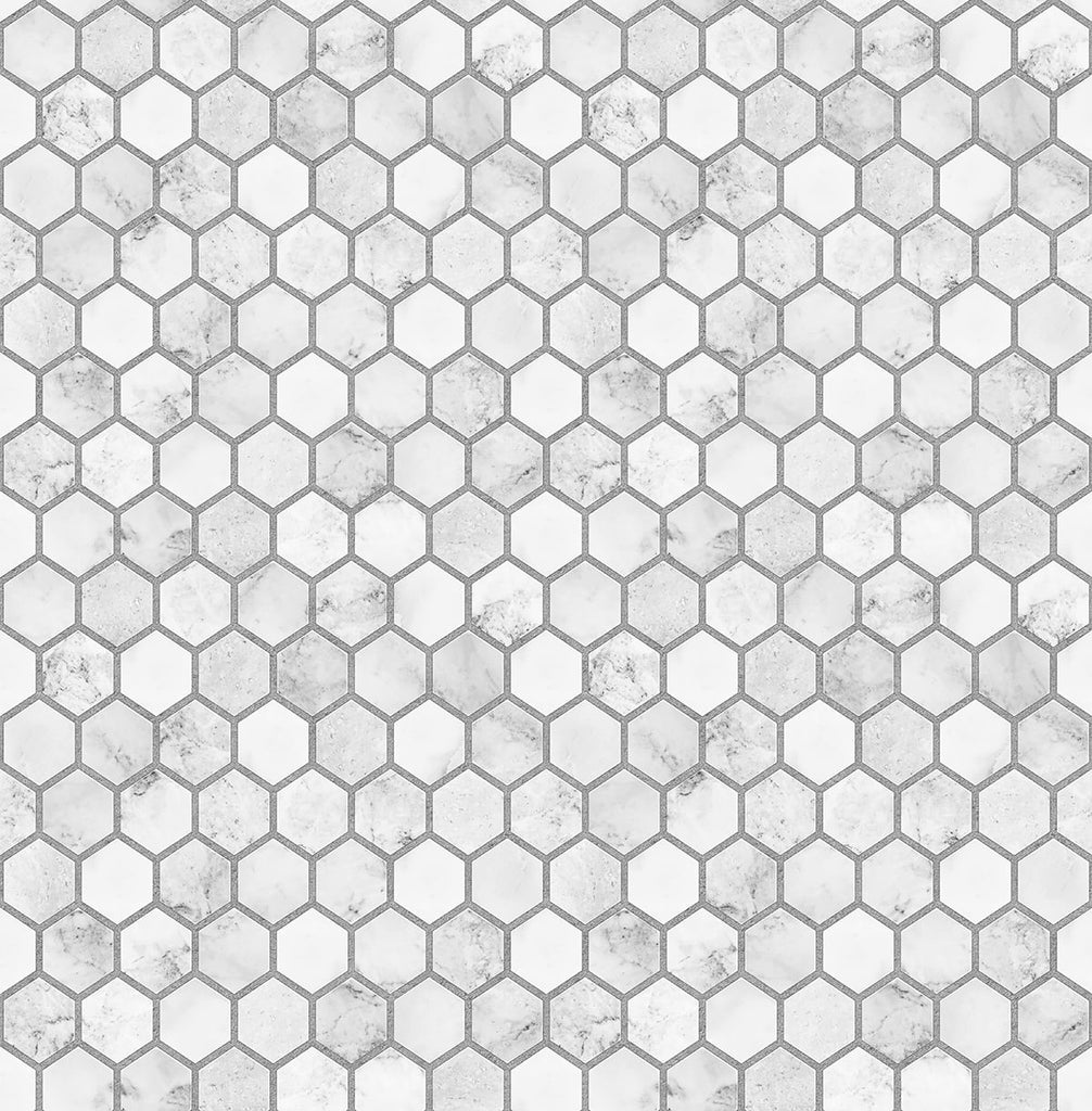 Malibu PS Marble Hexagon Contemporary Tile - Carrara & Argos Grey | Peel and Stick Removable Wallpaper