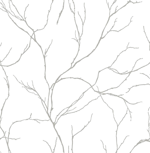 Malibu Ps Delicate Branches Contemporary Botanical - Metallic Silver | Peel and Stick Removable Wallcovering