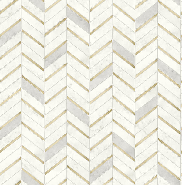 Malibu Ps Chevron Marble Tile Contemporary Tile - Metallic Gold & Pearl Gray | Peel and Stick Removable Wallcovering