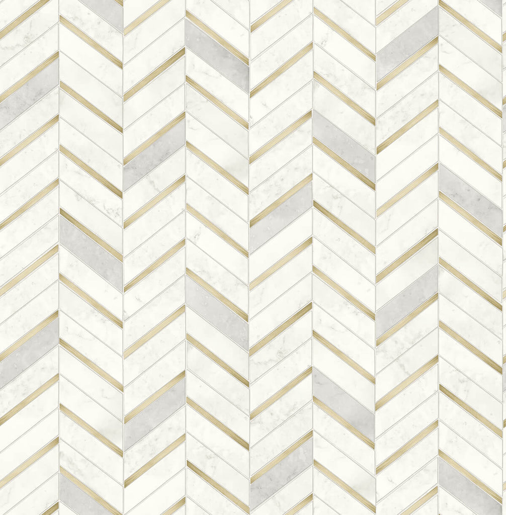 Malibu PS Chevron Marble Tile Contemporary Tile - Metallic Gold & Pearl Gray | Peel and Stick Removable Wallpaper