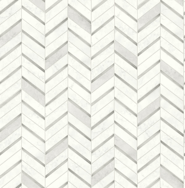 Malibu Ps Chevron Marble Tile Contemporary Tile - Metallic Silver & Pearl Gray | Peel and Stick Removable Wallcovering