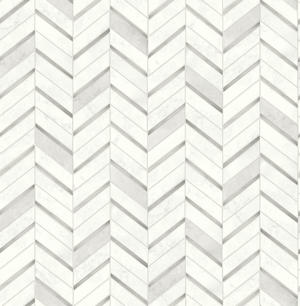 Malibu PS Chevron Marble Tile Contemporary Tile - Metallic Silver & Pearl Gray | Peel and Stick Removable Wallpaper