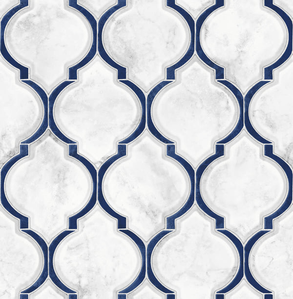 Malibu Ps Marbled Ogee Contemporary Tile - Royal Blue & Carrara | Peel and Stick Removable Wallcovering