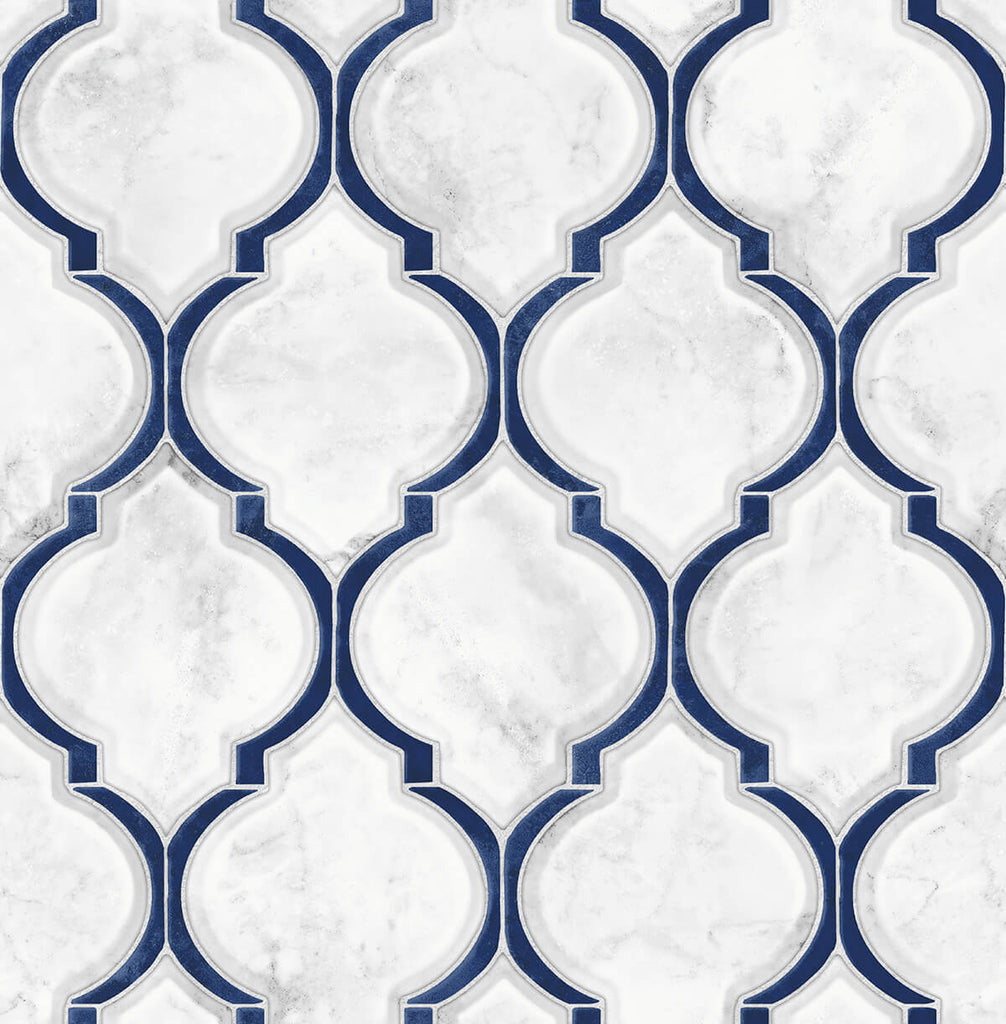 Malibu PS Marbled Ogee Contemporary Tile - Royal Blue & Carrara | Peel and Stick Removable Wallpaper