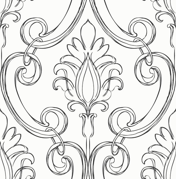 Malibu Ps Sketched Damask Traditional Damask - Ebony | Peel and Stick Removable Wallcovering