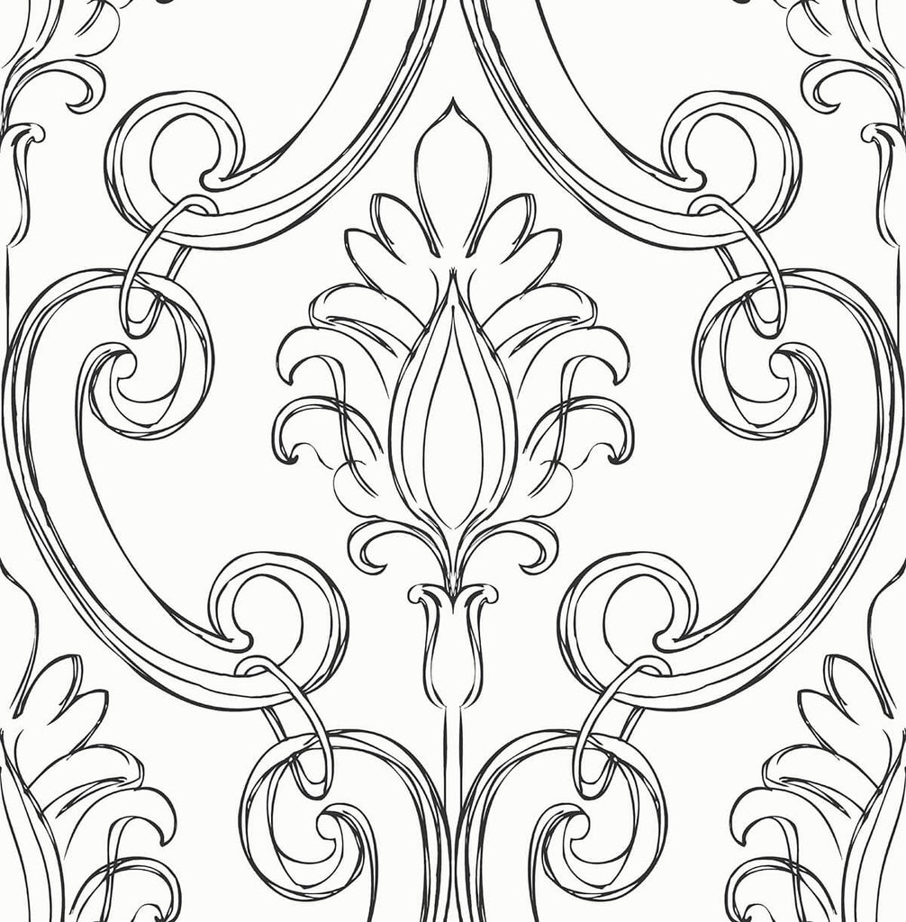 Malibu PS Sketched Damask Traditional Damask - Ebony | Peel and Stick Removable Wallpaper