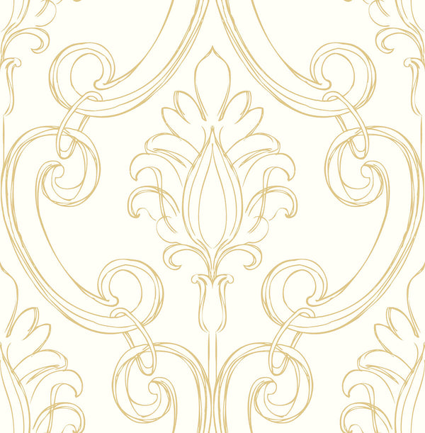 Malibu Ps Sketched Damask Traditional Damask - Metallic Gold | Peel and Stick Removable Wallcovering