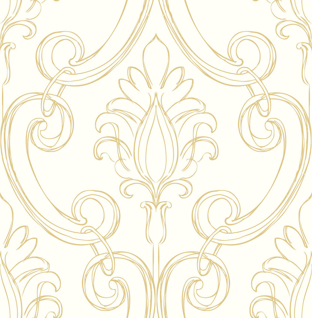 Malibu PS Sketched Damask Traditional Damask - Metallic Gold | Peel and Stick Removable Wallpaper