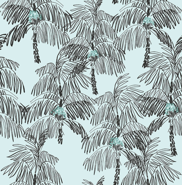 Malibu Ps Palm Beach Tropical Botanical - Sky Blue & Black | Peel and Stick Removable Wallcovering