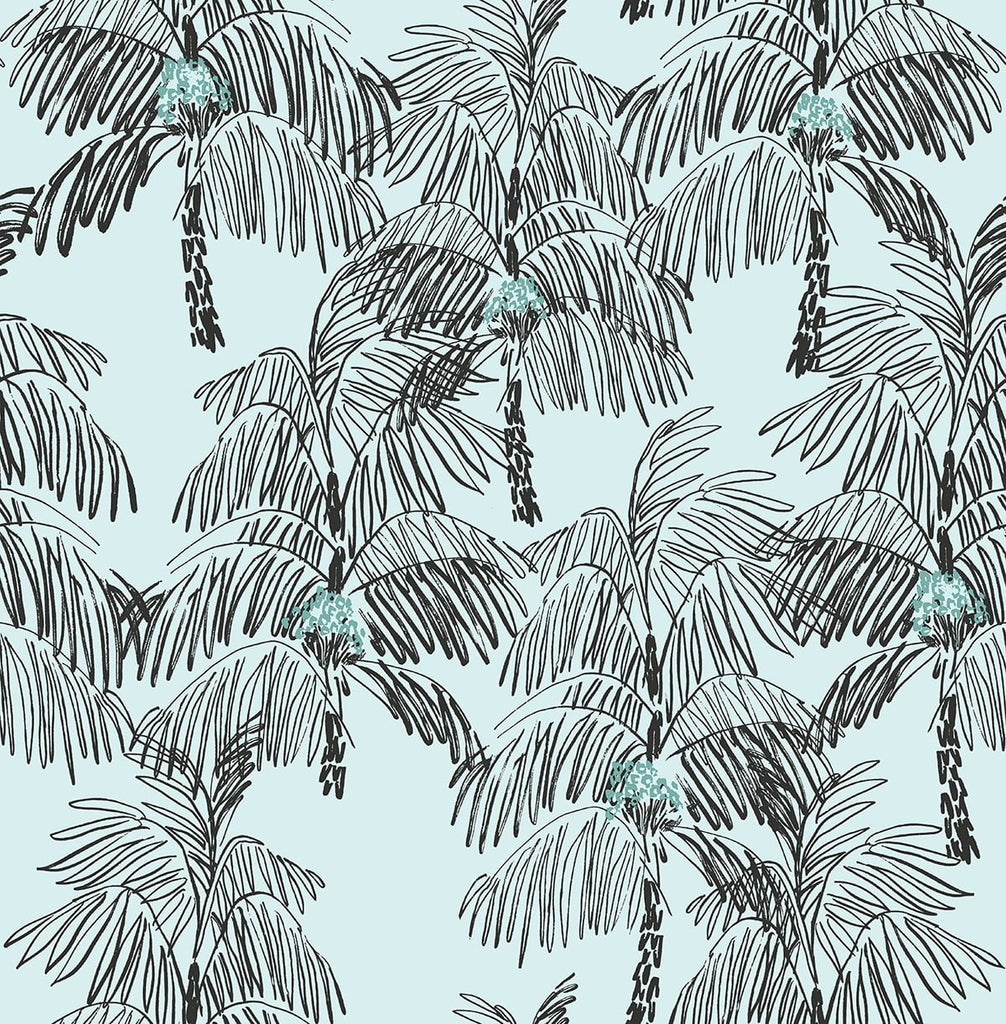 Malibu PS Palm Beach Tropical Botanical - Sky Blue & Black | Peel and Stick Removable Wallpaper