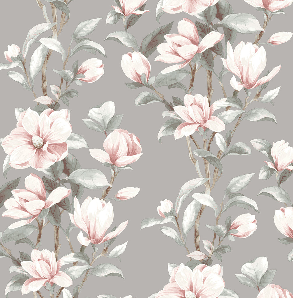 Malibu PS Magnolia Trail Contemporary Floral - Metallic Silver & Petal Pink | Peel and Stick Removable Wallpaper