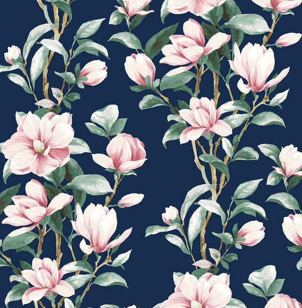 Malibu Ps Magnolia Trail Contemporary Floral - Navy & Blush | Peel and Stick Removable Wallcovering