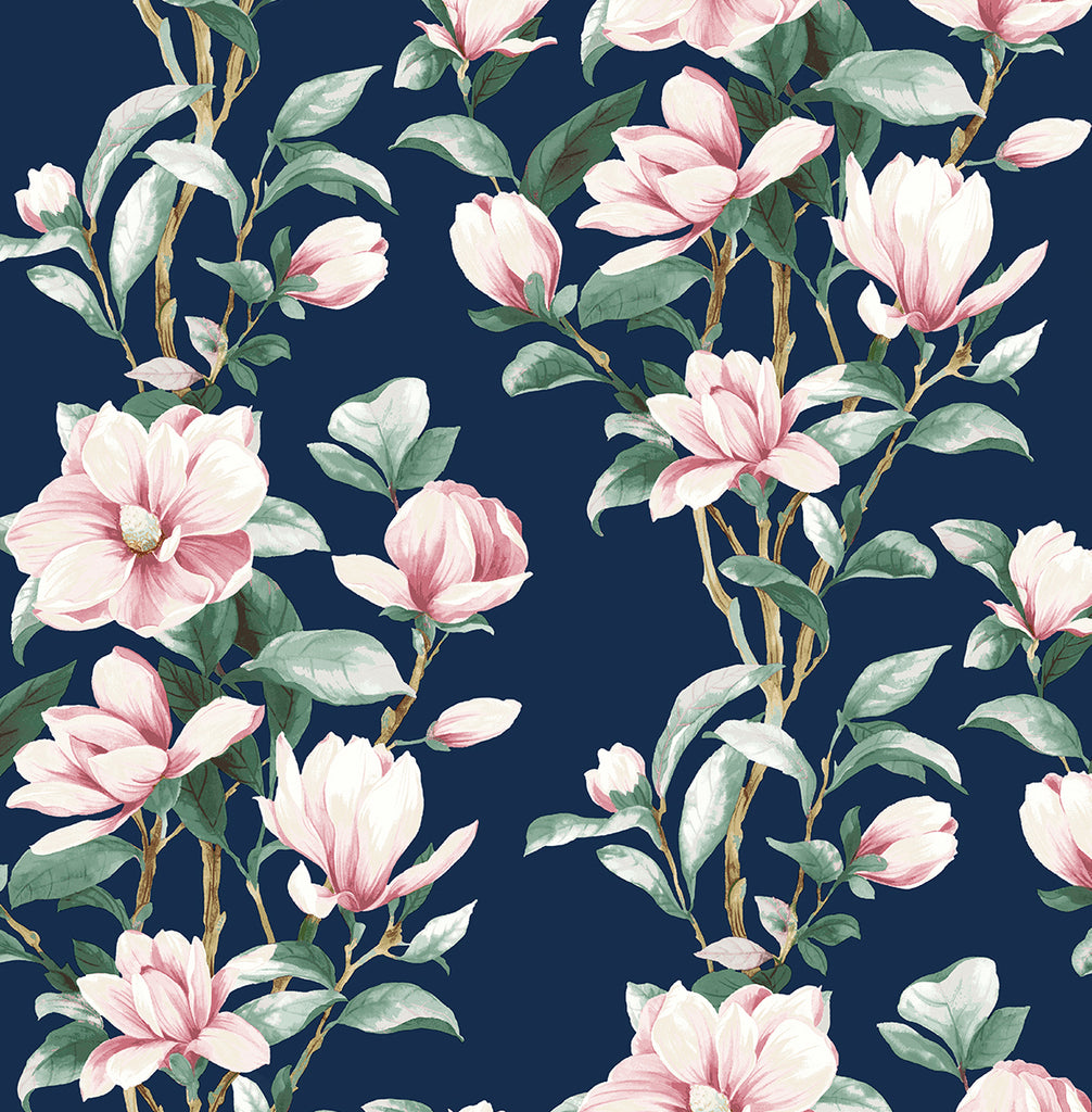 Malibu PS Magnolia Trail Contemporary Floral - Navy & Blush | Peel and Stick Removable Wallpaper