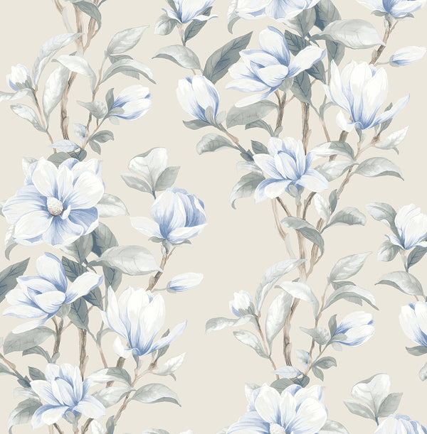 Malibu Ps Magnolia Trail Contemporary Floral - Linen & French Blue | Peel and Stick Removable Wallcovering