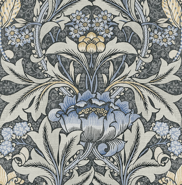 Malibu Ps Acanthus Floral Vintage Floral - Charcoal & Carolina Blue | Peel and Stick Removable Wallcovering