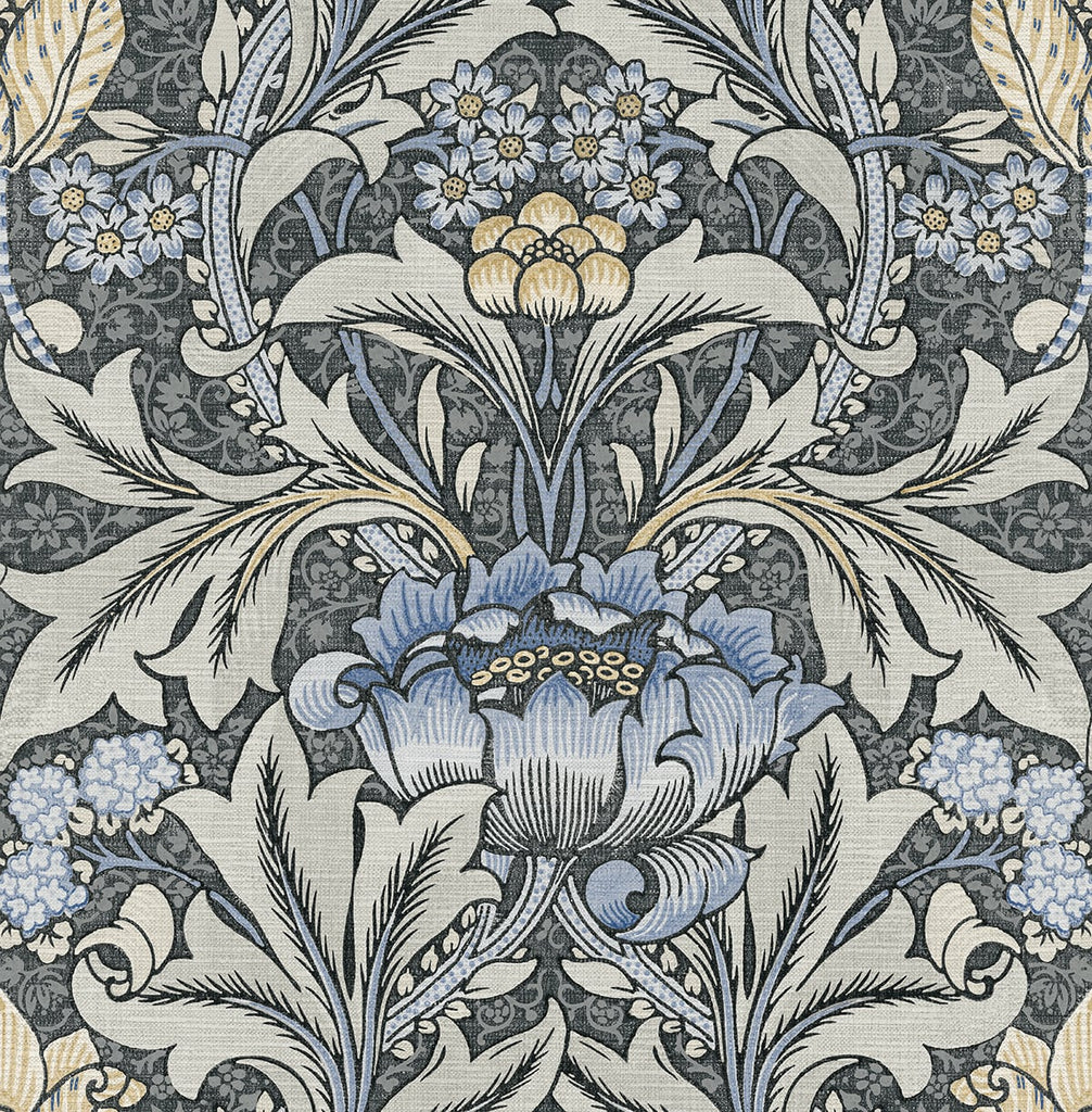 Malibu PS Acanthus Floral Vintage Floral - Charcoal & Carolina Blue | Peel and Stick Removable Wallpaper