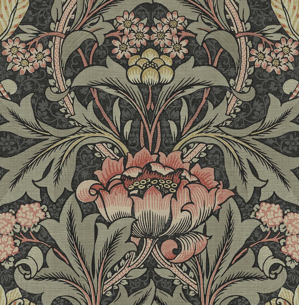 Malibu PS Acanthus Floral Vintage Floral - Charcoal & Rosewood | Peel and Stick Removable Wallpaper