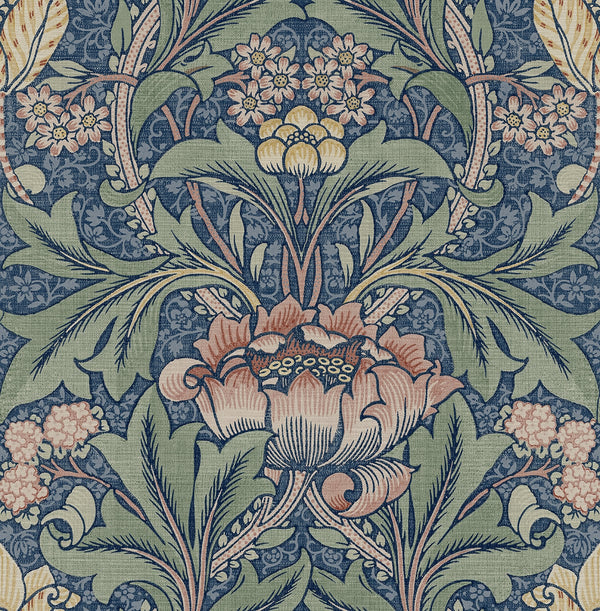 Malibu Ps Acanthus Floral Vintage Floral - Denim Blue & Salmon | Peel and Stick Removable Wallcovering