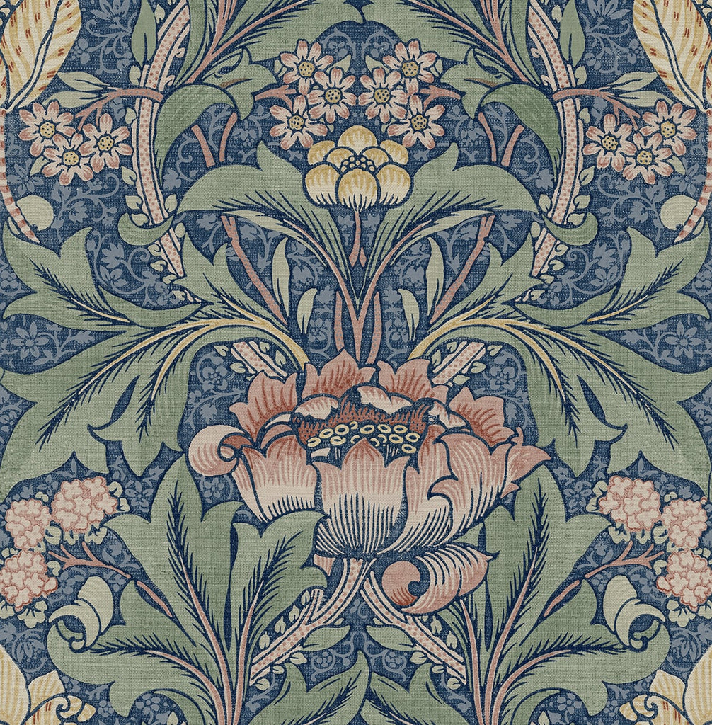 Malibu PS Acanthus Floral Vintage Floral - Denim Blue & Salmon | Peel and Stick Removable Wallpaper