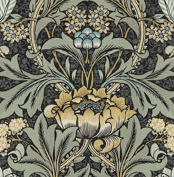 Malibu Ps Acanthus Floral Vintage Floral - Charocal & Goldenrod | Peel and Stick Removable Wallcovering