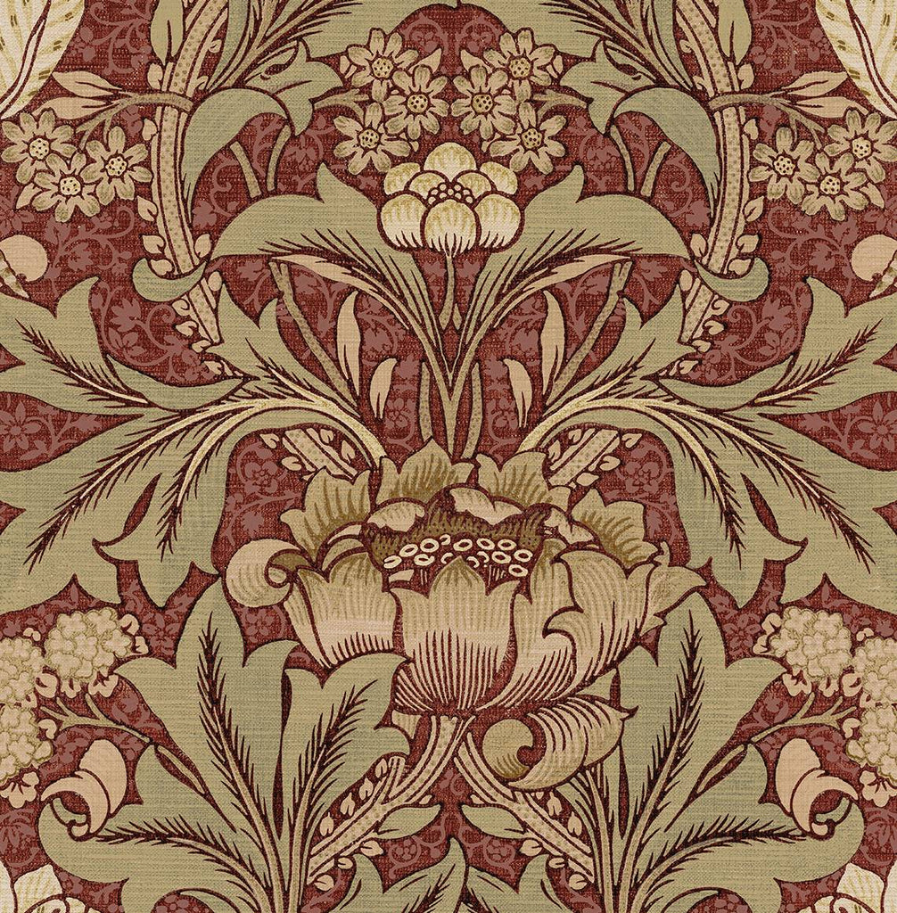 Malibu PS Acanthus Floral Vintage Floral - Red Clay & Lichen | Peel and Stick Removable Wallpaper