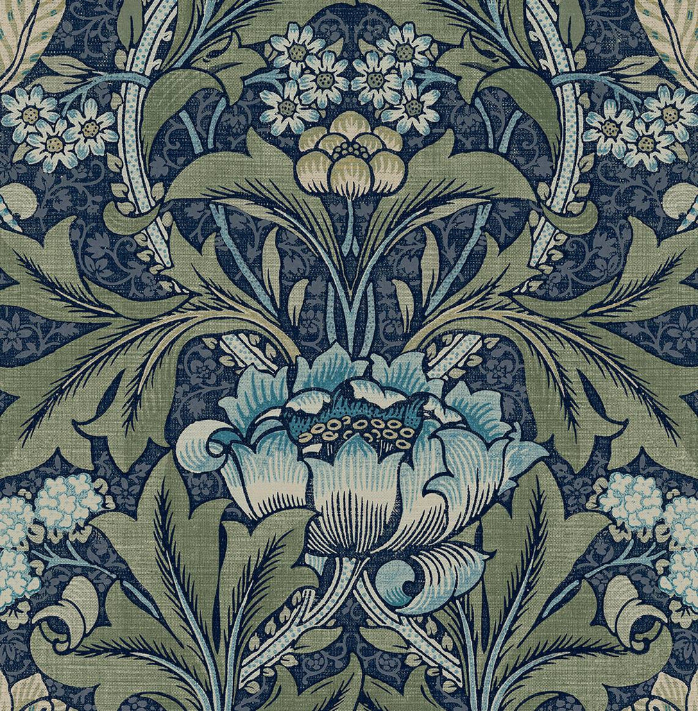 Malibu PS Acanthus Floral Vintage Floral - Denim & Sage | Peel and Stick Removable Wallpaper