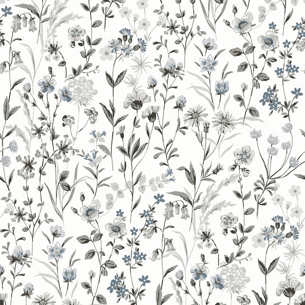 Malibu Ps Wildflowers Contemporary Floral - Charcoal & Bluestone | Peel and Stick Removable Wallcovering